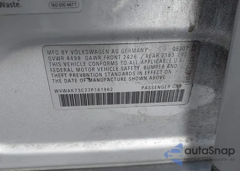 2007 Volkswagen Passat Wolfsburg Edition z USA, uszkodzony, nr VIN WVWAK73C77P161962